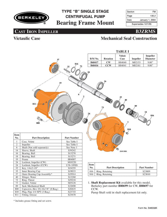 B68416– B3ZRMS Berkeley pump 4x3 CCW groove mechanical seal