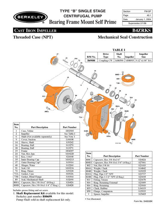 B69880 - Berkeley B4ZRKS pump CW 4x4 threaded case