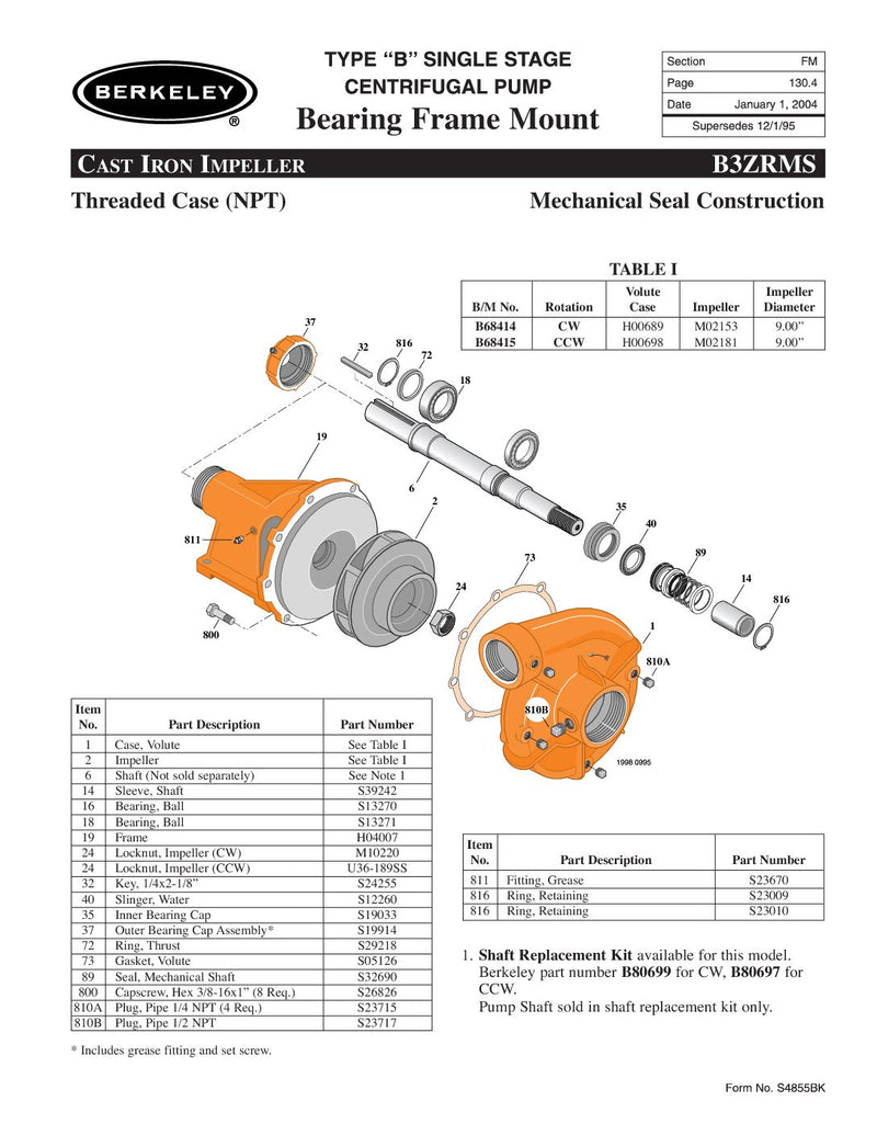 B68414 - B3ZRMS Berkeley pump 4x3 CW thread mechanical seal