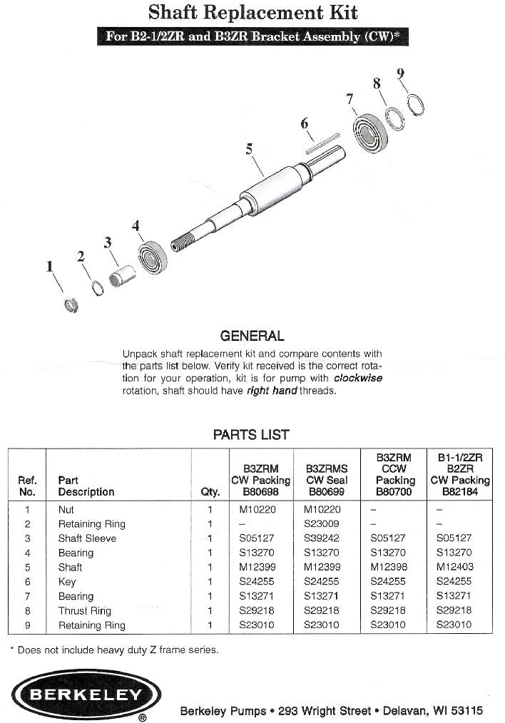 Berkeley B3ZRMS CCW shaft repair kit B80697